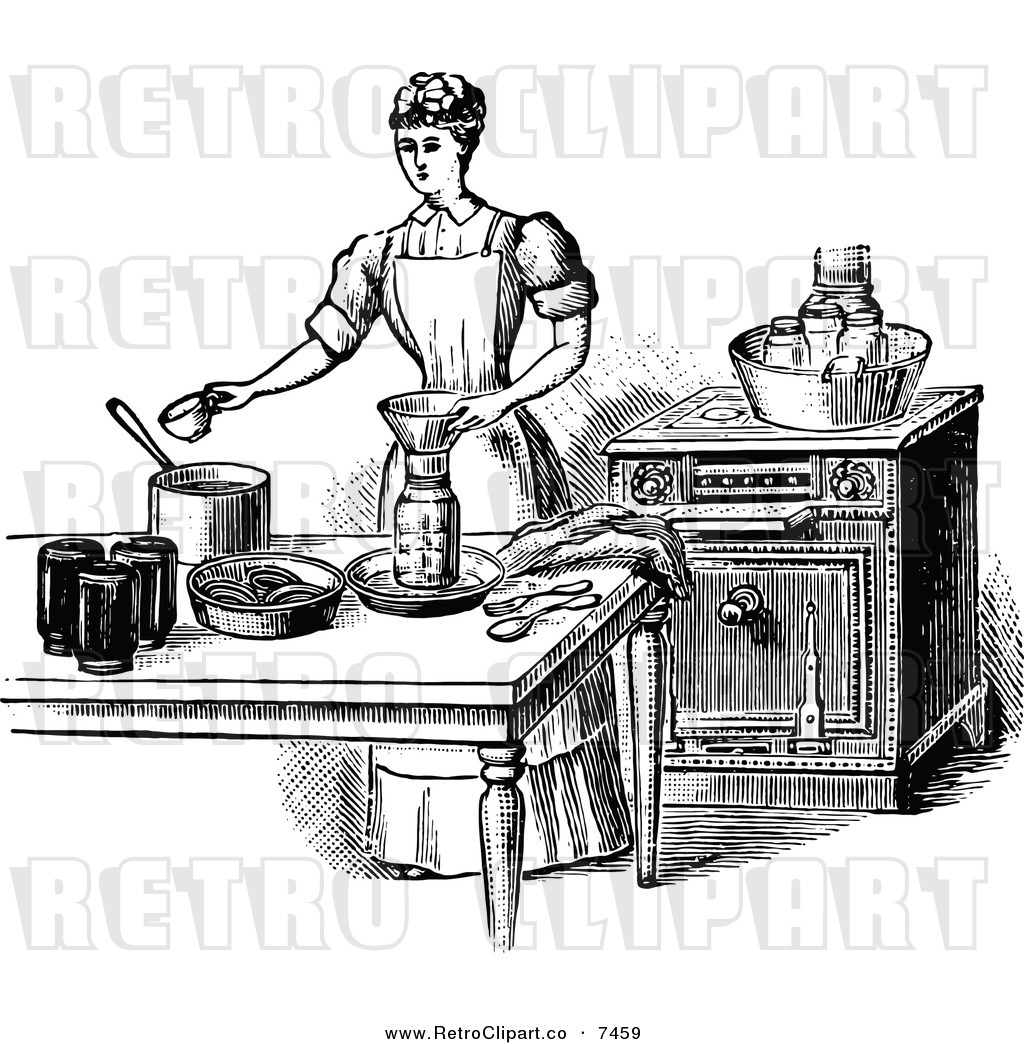 Vector Clipart Of A Retro Black And White Domestic Housewife Canning    