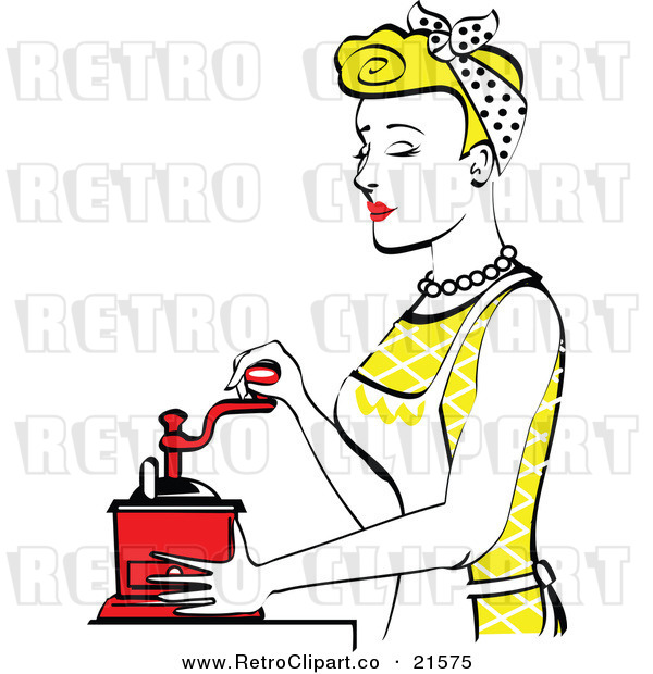 Vector Clipart Of A Retro Happy Blond Housewife Operating A Manual
