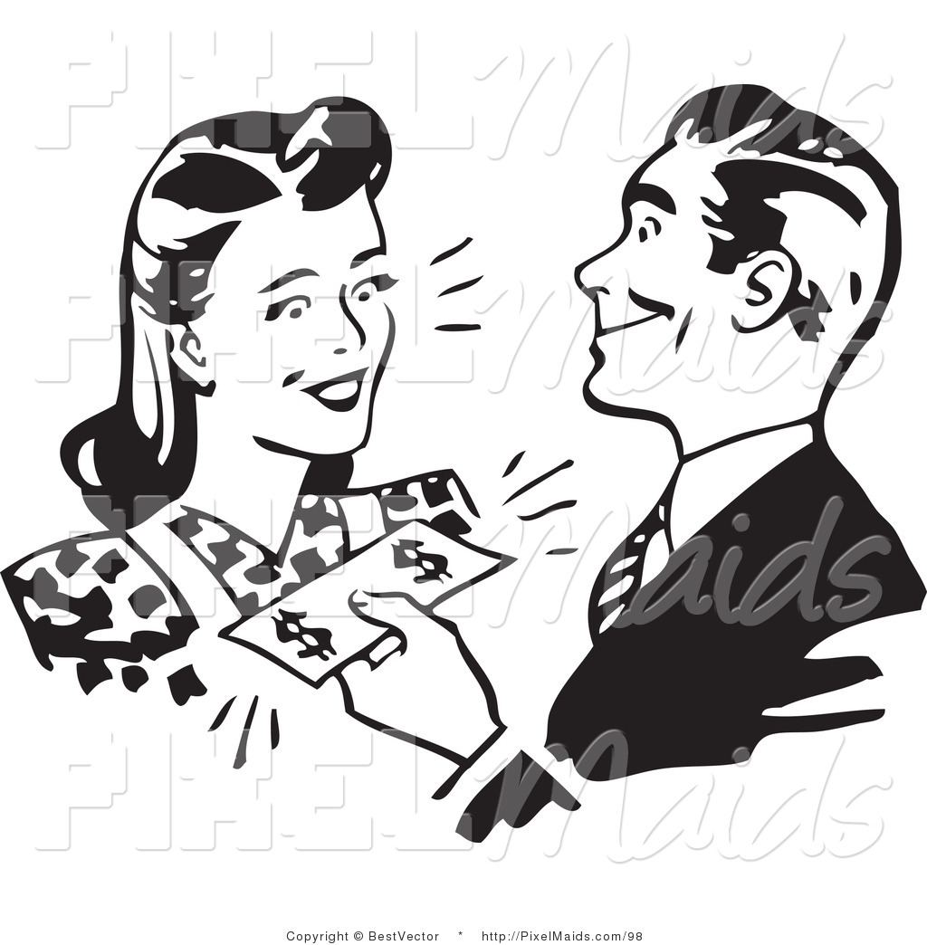 Clipart Of A Retro Black And White Man Handing Money To A Woman By    