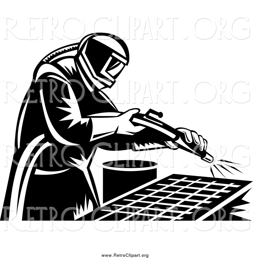 Clipart Of A Retro Black And White Sand Blaster Man Working By    