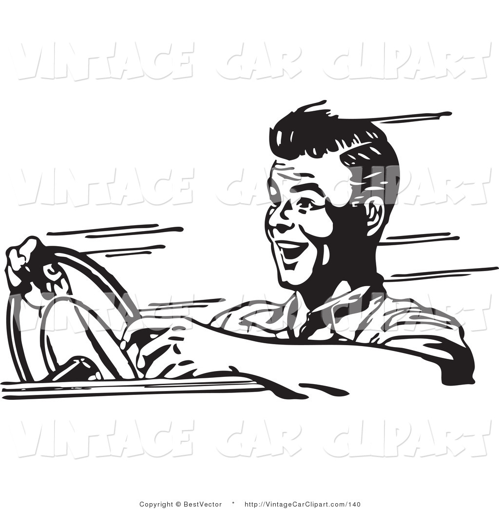 Clipart Of A Retro Happy Black And White Man Speeding In A Car By