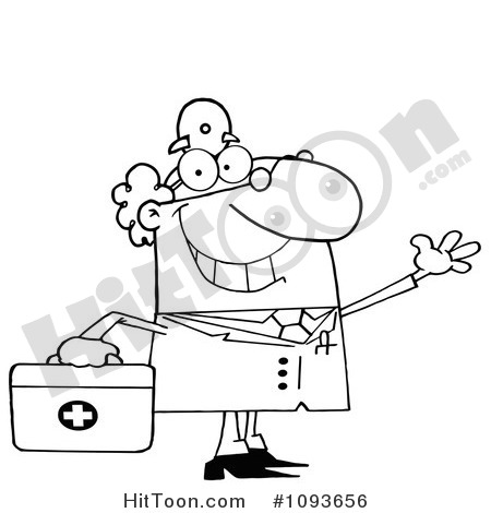 Clipart Outlined Waving Male Doctor With A First Aid Kit   Royalty