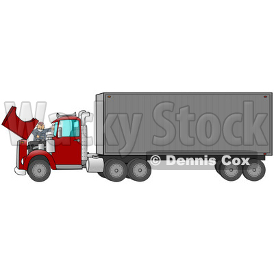 On The Engine Of A Big Red 18 Wheeler Semi Truck Clipart Illustration