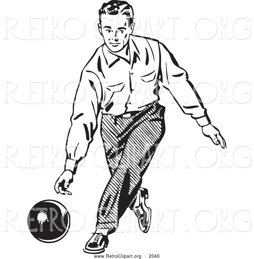Retro Clipart Of A Black And White Retro Man Bowling By Bestvector