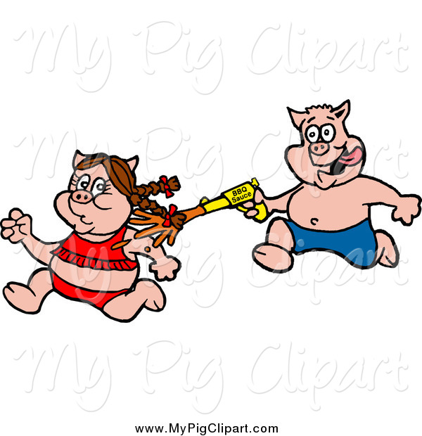 Swine Clipart Of A Male Pig Chasing A Girl With A Bbq Sauce Squirt Gun