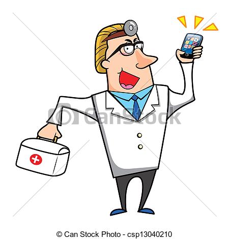 Vector Clip Art Of Cartoon Doctor With First Aid Kit And Mobile Phone