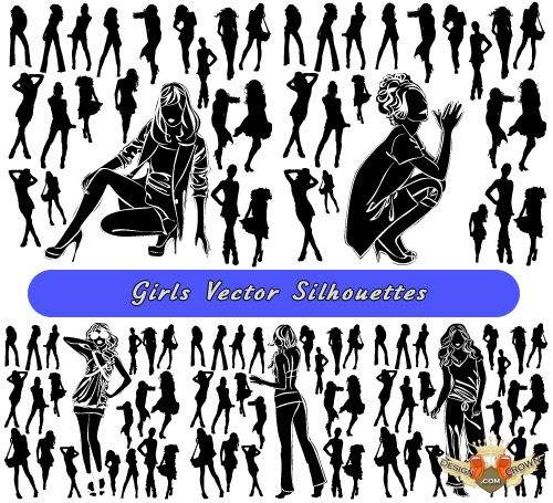 Vector Clip Art With Girls Silhouettes Black And White