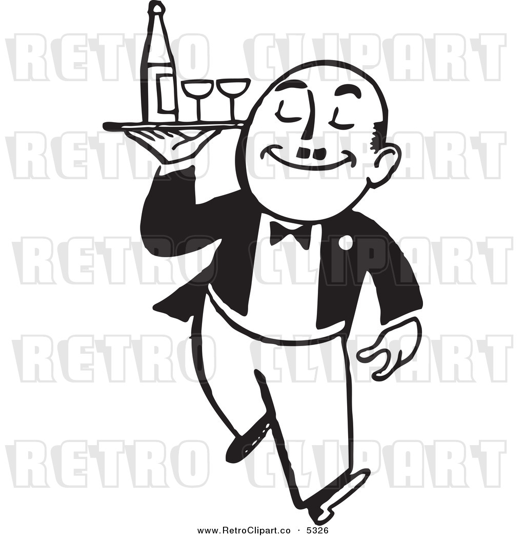 Vector Clipart Of A Black And White Retro Waiter Carrying Wine And