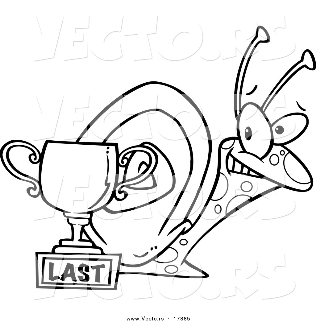 Vector Of A Cartoon Snail By A Last Place Trophy Cup   Outlined