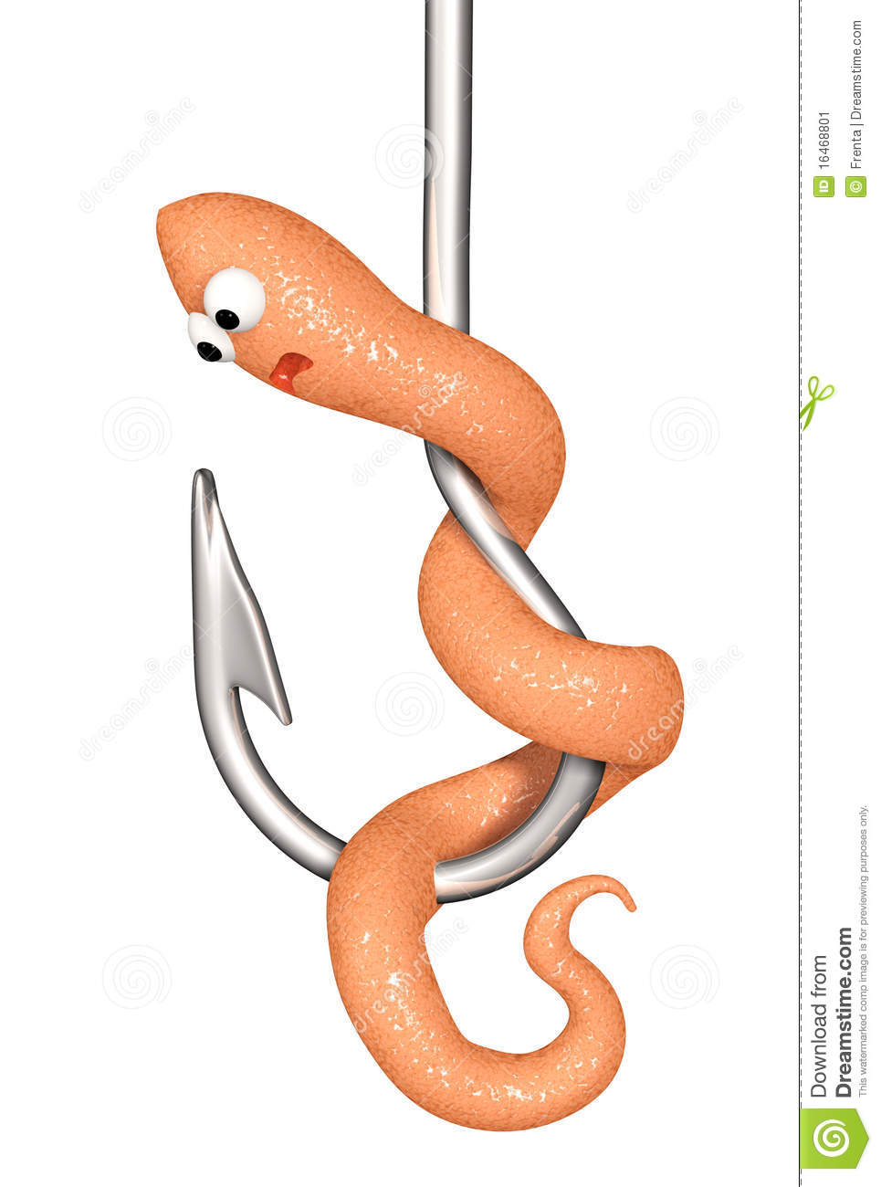 3d Scared Worm On A Fishing Hook  Isolated Over White