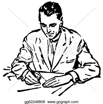 Black And White Version Of A Man Writing At A Desk  Clipart