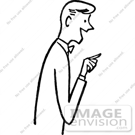 Cartoon Of A Friendly Man Pointing While Talking In Black And White    