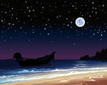 Night Starry Sky With Full Moon Boat And Sea Full Moon And Group Of
