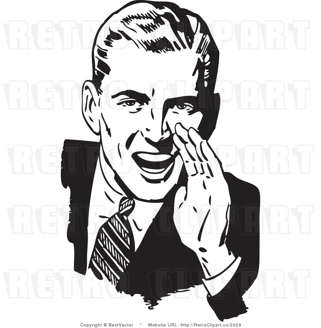 Royalty Free Black And White Retro Vector Clip Art Of A Man Hollering    