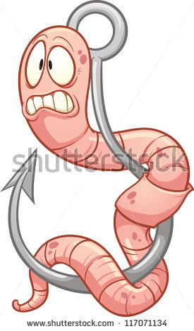 Scared Cartoon Worm Hanging From A Fishing Hook  Vector Clip Art