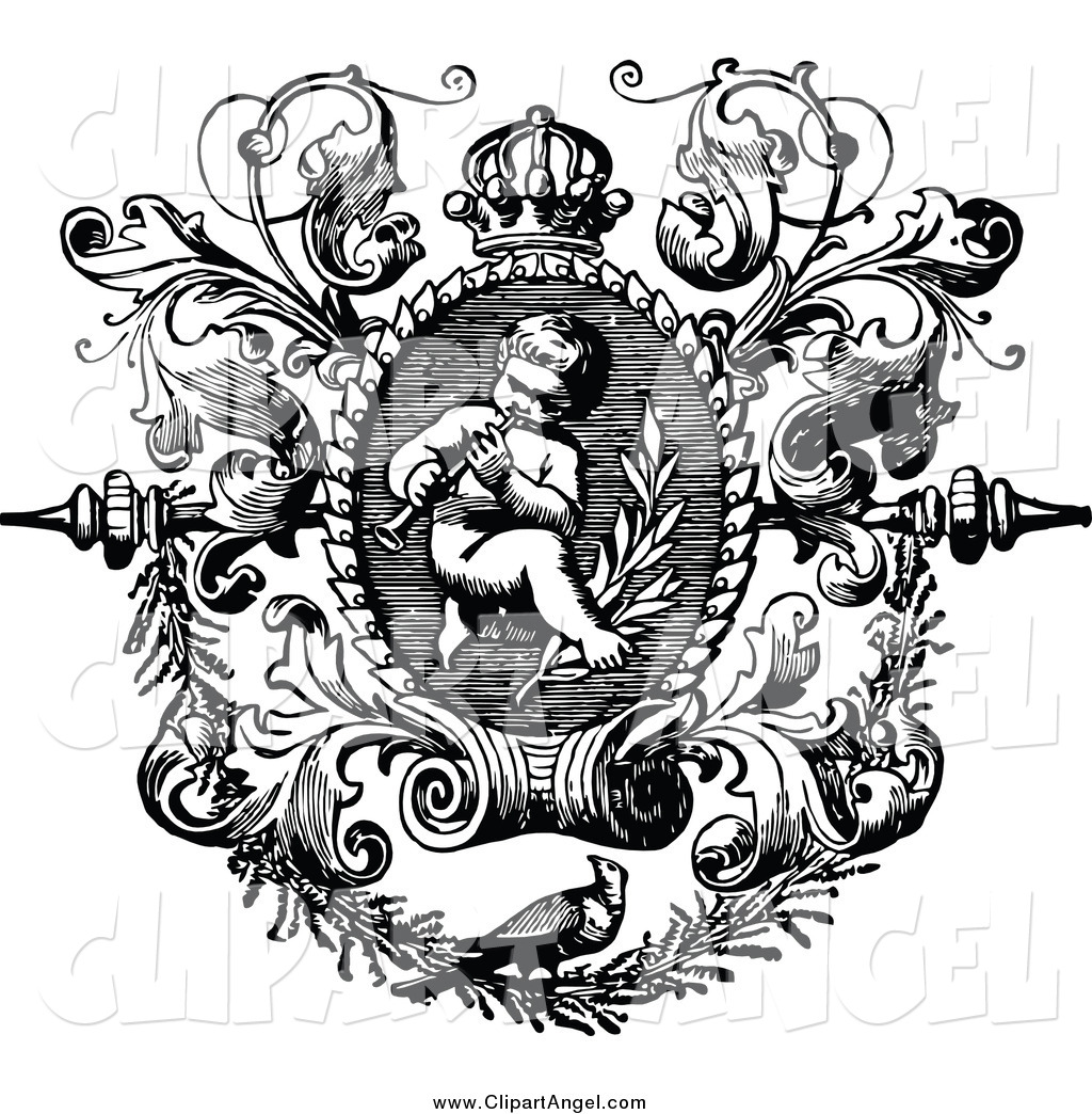Black And White Angelic Cherub Playing An Instrument In A Floral Frame