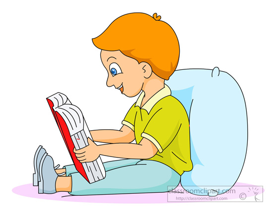 Boy Reading In Bed Sitting Up Against A Pillow   Classroom Clipart