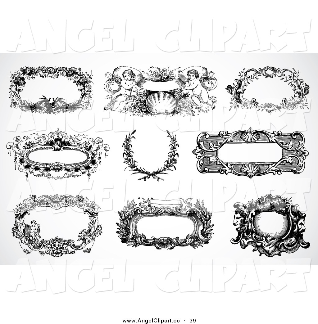 Clip Art Of A Digital Set Of Black And White Baroque Frames And Text