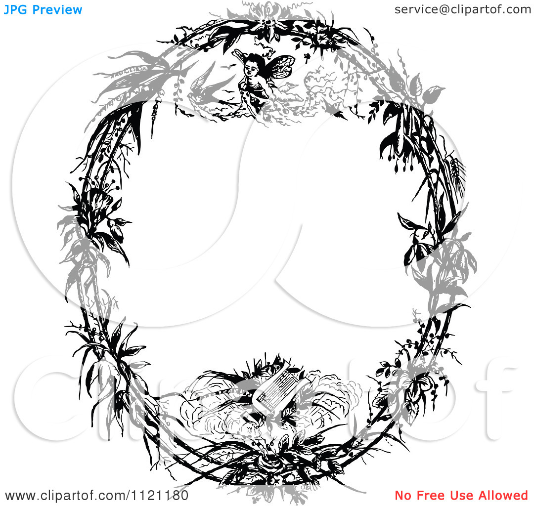 Clipart Of A Retro Vintage Black And White Angel And Lyre Oval Frame