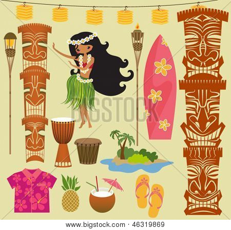 Dancer Tiki Gods Totem Pole Drums Tiki Torches And Hawaiian Shirt