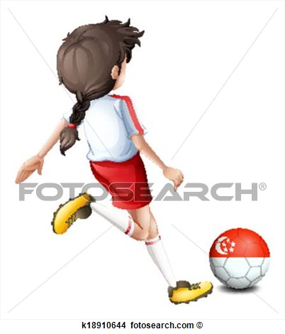 Female Athlete Kicking The Ball With The Flag Of Singapore View    