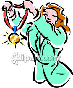 Female Olympic Athlete Holding A Gold Medal Royalty Free Clipart