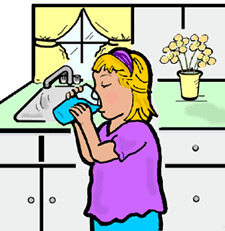 Girl Drinking Water In Kitchen Clipart
