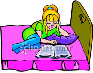 Girl Laying On Her Bed Reading A Book   Royalty Free Clipart Picture
