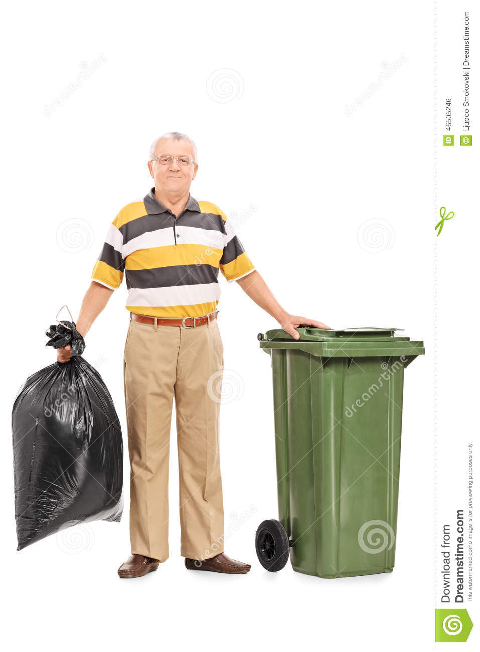 Of A Senior Man Holding A Bag Of Trash Isolated On White Background