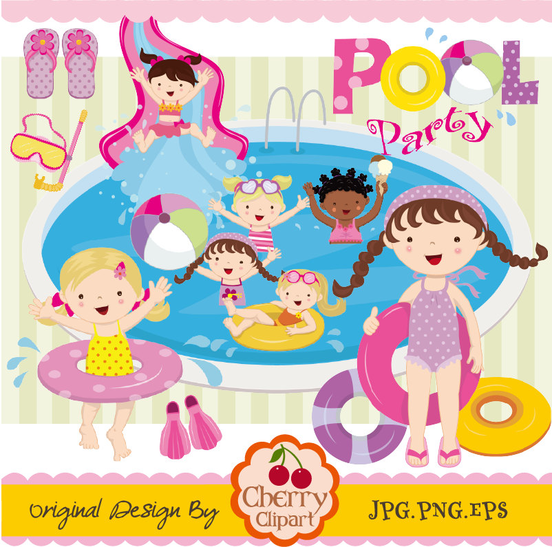 Pool Party Swim Girls Digital Clipart Set  Personal And Commercial Use