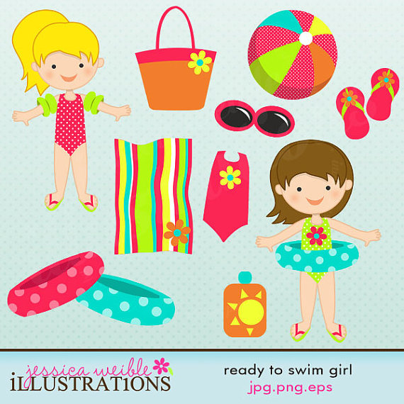 Ready To Swim Girl Cute Digital Clipart For Card Design Scrapbooking