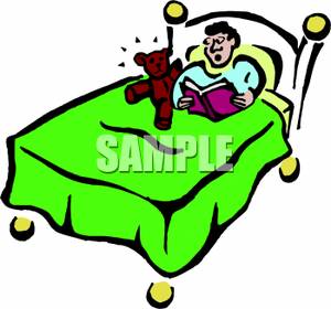 Teddy Bear In Bed With A Reading Boy   Royalty Free Clipart Picture