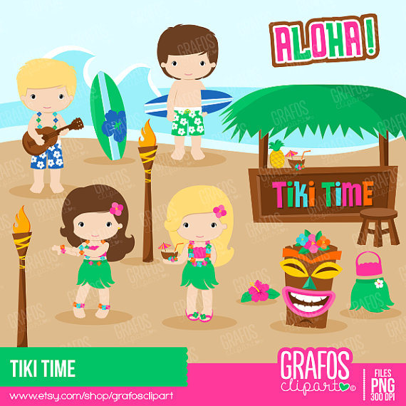 Tiki Time   Digital Clipart Set Hawaii Clipart Luau Clipart Summer