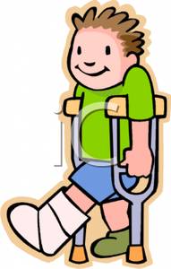 Boy With A Broken Leg Using A Crutch   Royalty Free Clipart Picture