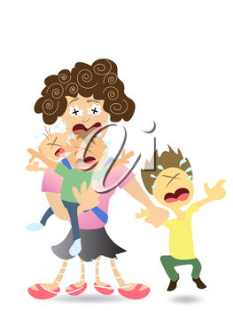 Clip Art Illustration Of A Mother With Her Screaming Children