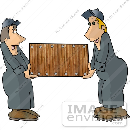Clipart Of Two Caucasian Moving Men In Blue Coveralls Moving A Large