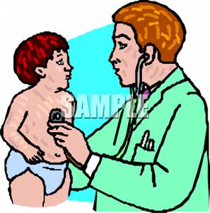Doctor Listening To A Young Boys Heart   Royalty Free Clipart Picture