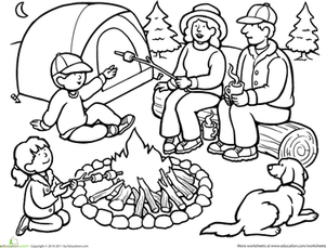 First Grade People Places Worksheets  Color The Family Camping Trip