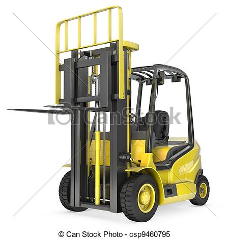 Yellow Fork Lift Truck With Raised Fork Front View Isolated On White