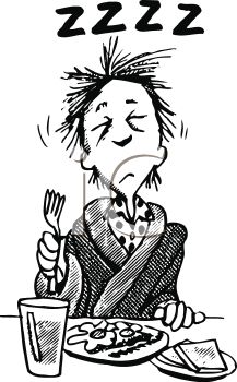 Black And White Cartoon Of Tired Kid Eating Breakfast Clipart Image