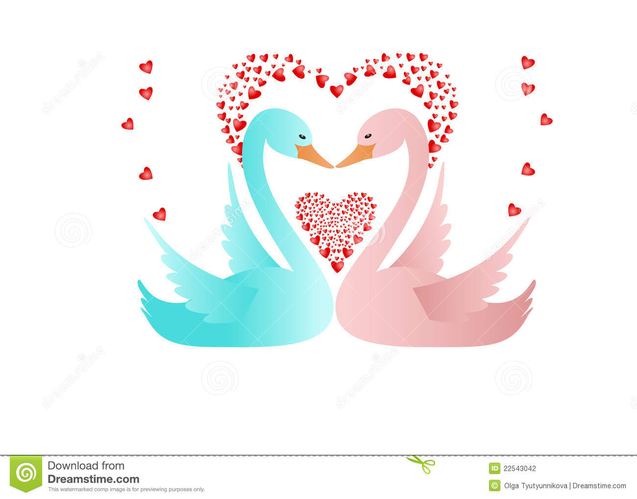 Blue And Pink Swans With Red Hearts On White Background