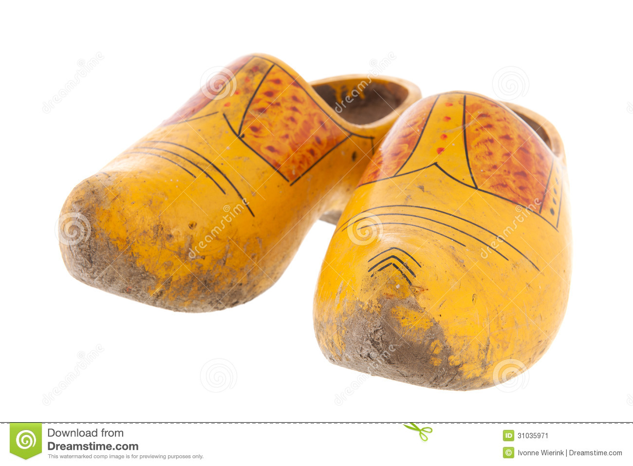 Old Dutch Wooden Shoes Isolated Over White Background 
