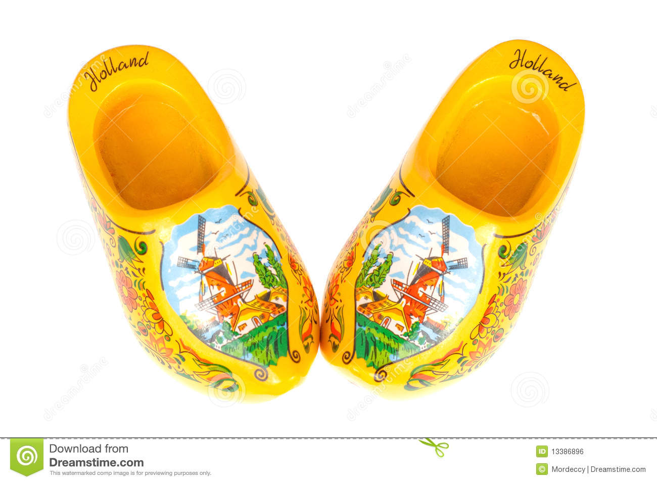 Pair Of Traditional Dutch Wooden Shoes   Isolated On White