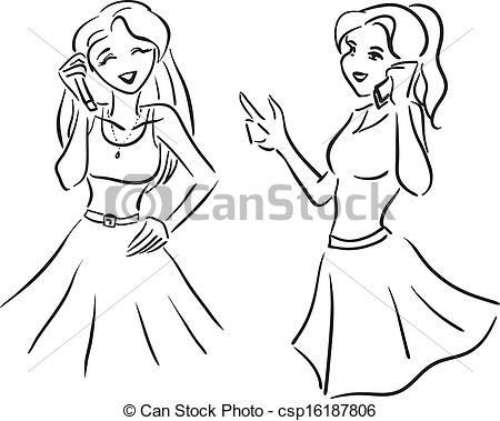 Vector Clipart Of Girlfriends Talking By Phone   Vector Image With Two