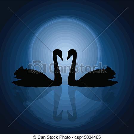 Vector   Two Swans Under The Blue Sunset   Stock Illustration Royalty