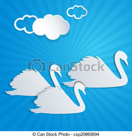 Vector   White Paper Swans And Clouds   Stock Illustration Royalty