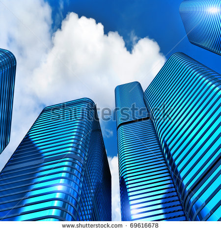 3d Modern Office Buildings On The Clouds Sky   Stock Photo