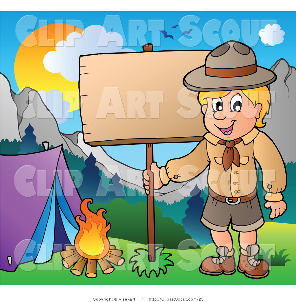 Boy Scout Posting A Camping Sign Scout Boy Following A Chameleon On A