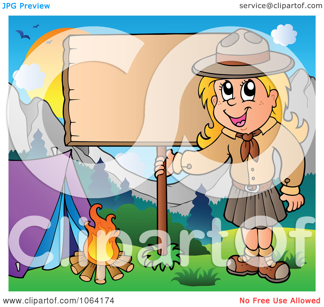 Clipart Camping Scout Girl With A Blank Sign   Royalty Free Vector