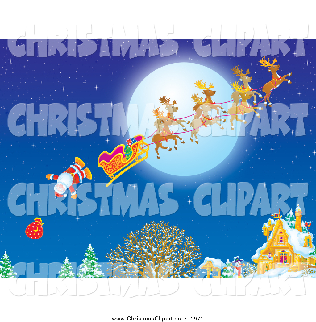 Clipart Of A Santa And His Toy Sack Falling Out Of His Sleigh Near A    
